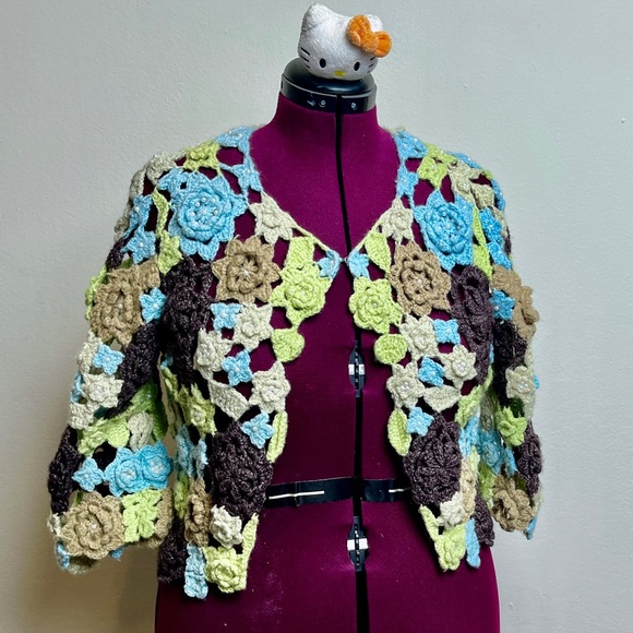Crochet knit Prima Bella cardigan in green, blue, tan & brown💚 - Picture 3 of 6